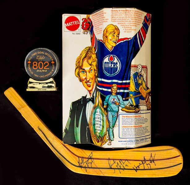 Wayne Gretzky and Brothers Signed Easton Stick Blade Plus 1983 Mattel Gretzky Doll and Limited-Edition "802" Puck with LOA