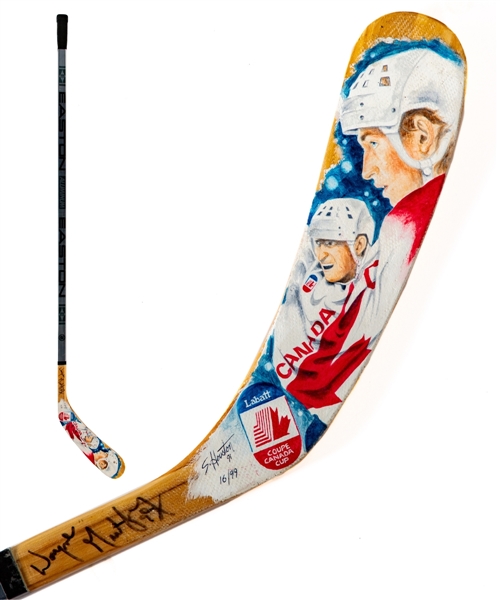 Wayne Gretzkys Early-1990s Signed Game-Issued Easton Stick with 91 Canada Cup Original Art by Steve Houston
