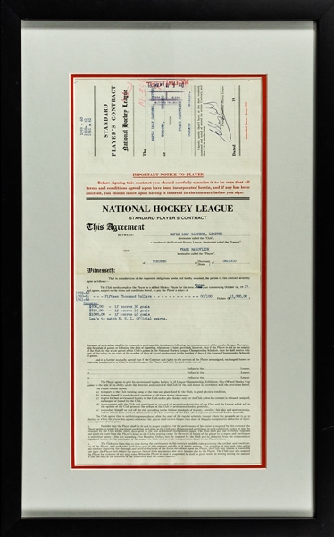 Frank Mahovlichs 1959-62 Toronto Maple Leafs Framed NHL Contract Signed by Mahovlich, Imlach & Campbell (14" x 23")