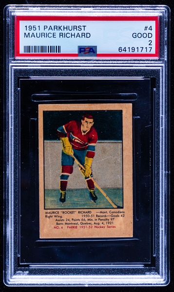 1951-52 Parkhurst Hockey Card #4 HOFer Maurice Richard Rookie - Graded PSA 2