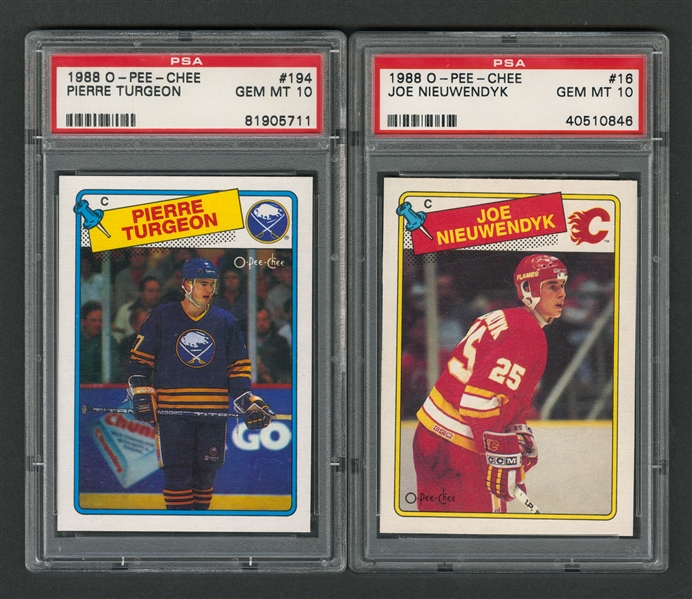 1988-89 O-Pee-Chee Hockey Cards #16 HOFer Joe Nieuwendyk Rookie and #194 Pierre Turgeon Rookie  - Both Graded PSA GEM MT 10