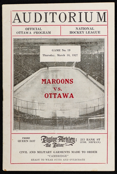 Ottawa Auditorium 1926-27 NHL Hockey Program (March 10th 1927) - Stanley Cup Champion Ottawa Senators vs Montreal Maroons