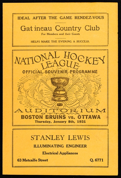 Ottawa Auditorium 1930-31 NHL Hockey Program (Jan. 8th 1931) - Ottawa Senators vs Boston Bruins