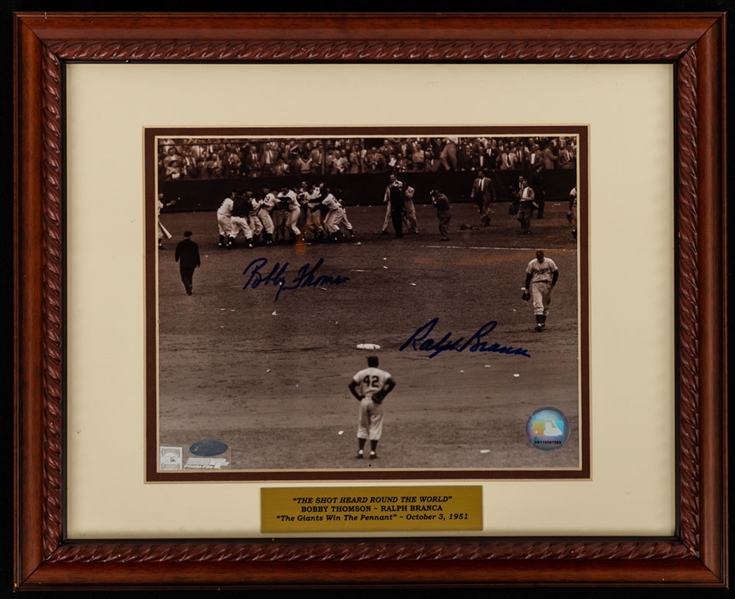 Bobby Thomson and Ralph Branca Dual-Signed “The Shot Heard Around the World” Framed Photo with Steiner COA Plus Jenkins and Stanton Signed Jerseys and Boggs Signed Bat 
