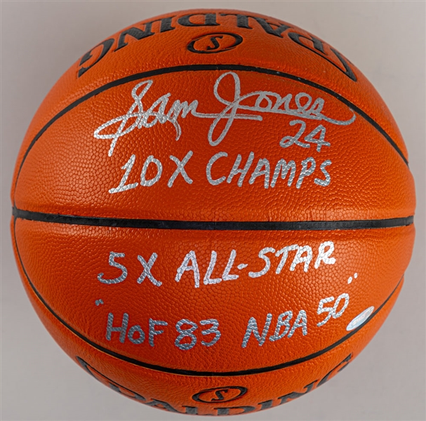 Chris Mullin “HOF 11” and Sam Jones “10X Champs”, “5X All-Star” and “HOF 83 NBA 50” Signed and Inscribed Basketballs with Steiner COAs 