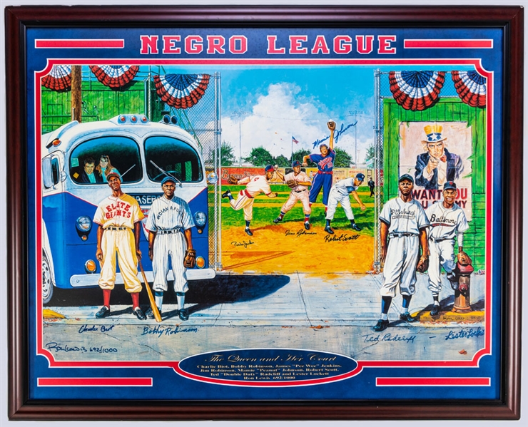 Negro League Multi-Signed and Framed 1998 Limited-Edition Poster by Ron Lewis including Pee Wee Jenkins, Charlie Biot, “Double Duty” Radcliff and “Peanut” Johnson (33” x 41”) 