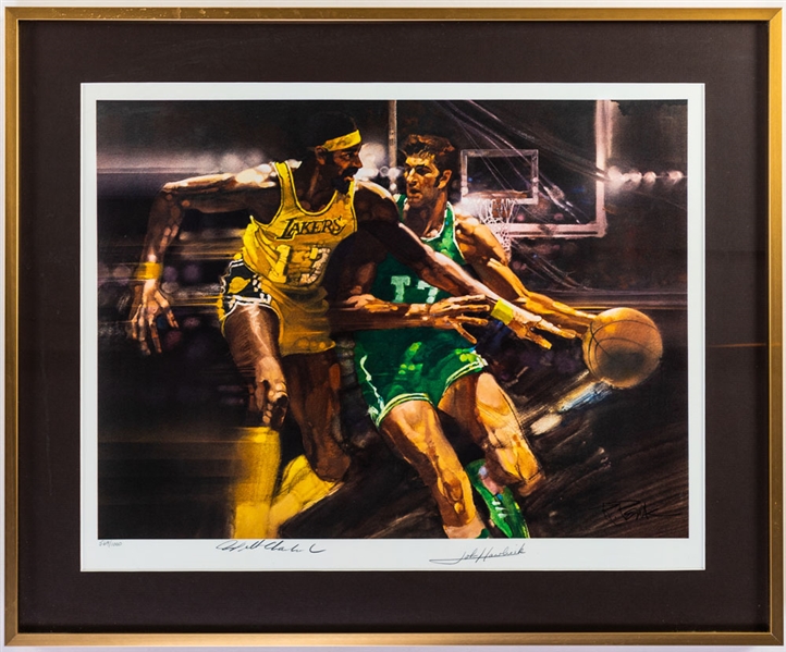 Wilt Chamberlain and John Havlicek Signed Limited-Edition Robert Peak Sports Illustrated Framed Print with PSA/DNA “Vintage Certified” COA (22" x 26") Plus Chamberlain/Willie Shoemaker Dual-Signed Ad 