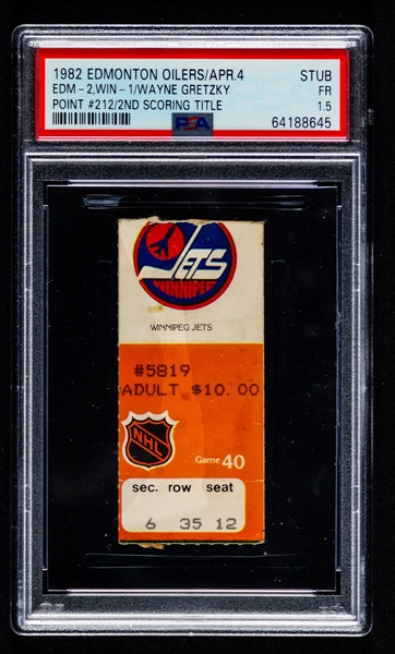 April 4th 1982 Wayne Gretzky 212 Points NHL Record PSA-Graded Ticket Stub - Art Ross Trophy Season! – Lone Example Graded at PSA!
