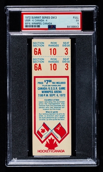 1972 Canada-Russia Series Game 3 Full Ticket from Winnipeg Arena (Red Variation) - Graded PSA 5 - Highest Graded!