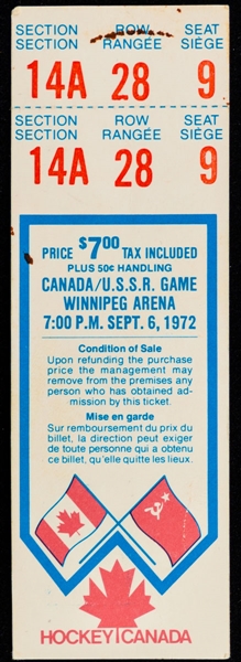 1972 Canada-Russia Series Game 3 Full Ticket from Winnipeg Arena