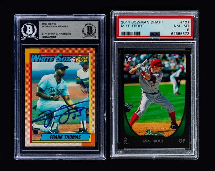 1990 Topps Baseball #414B HOFer Frank Thomas Signed Rookie Card (Graded Beckett Authentic) and 2011 Bowman Draft Baseball Card #101 Mike Trout Rookie (Graded PSA 8)