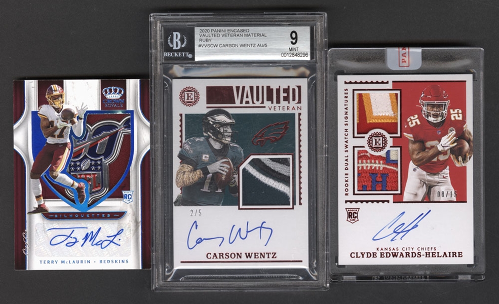 2019 Chronicles #SA20 Terry McLaurin Patch/Auto (1/1), 2020 Vaulted Veteran #VVS-CW Carson Wentz Patch/Auto (2/5) and 2020 Rookie Dual Swatch Signatures #RSS-CE Clyde Edwards-Helaire Patch/Auto (8/15)