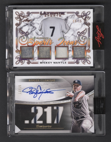 2021 Leaf Ultimate Sports Icons Card #USI-17 Mickey Mantle Quad Jersey Patch (10/15) and 2021 Topps Luminaries Masters of the Mounds Autographed Card #MOMAR-RC Roger Clemens (13/15)