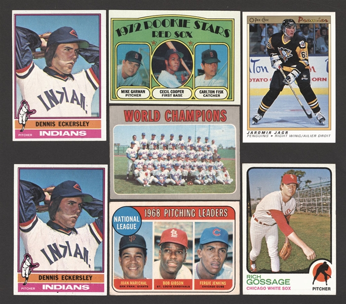 1970s to 1990s Baseball, Football and Hockey Card Collection (40 Cards) Including Rookie Cards of Carlton Fisk, Dennis Eckersley, Rich Gossage, Jack Morris, Tim Raines, Jaromir Jagr and Brett Favre