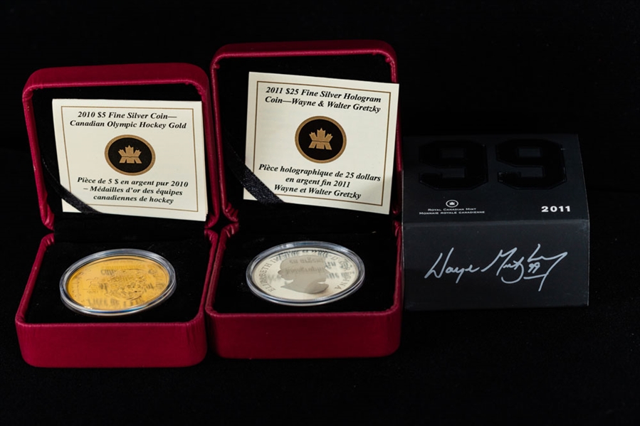 Hockey Commemorative Coins and Stamps Collection Including 1993 Stanley Cup Centennial Silver Dollars (9), 1997 Silver Dollars of 1972 Series (6) and 1983 Hockey HOF Dinner Medals (2)