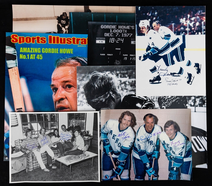 Deceased HOFer Gordie Howe Signed Houston Aeros and Hartford Whalers Photos (8) Including Multi-Signed Photos with Sons