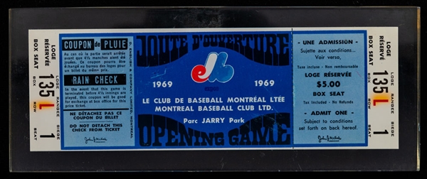 1969 Montreal Expos Season Ticket Holder First Game Full Ticket in Lucite