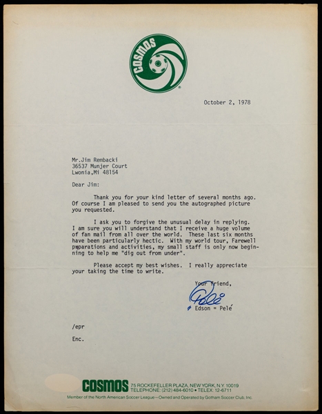Soccer/Football Legend Pele Signed 1978 NASL New York Cosmos Typed Letter - JSA Authenticated 