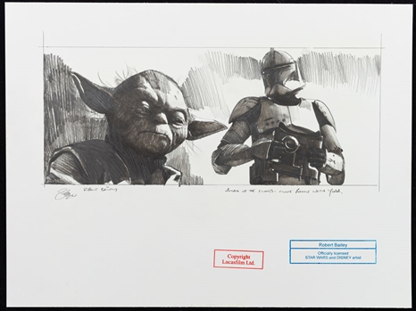 "Attack of the Clones - Clone Battle with Yoda" Star Wars Original Licensed Art Illustration by Star Wars and Disney Artist Robert Bailey (11” x 14 ½”)