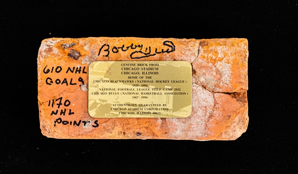 Bobby Hull Signed Original Chicago Stadium 1929-1994 Brick with Plaque and LOA - "610 NHL Goals, 1170 NHL Points" Annotation