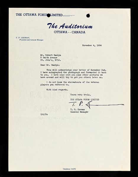 Deceased HOFer Tommy Gorman Signed 1954 Ottawa Auditorium Letter from the E. Robert Hamlyn Collection with JSA LOA