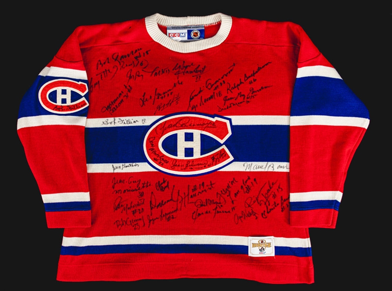 Montreal Canadiens Jersey Signed by 36 Past Players Including HOFers Beliveau, H. Richard, Lafleur, Cournoyer, Moore, Gainey and Others with JSA LOA