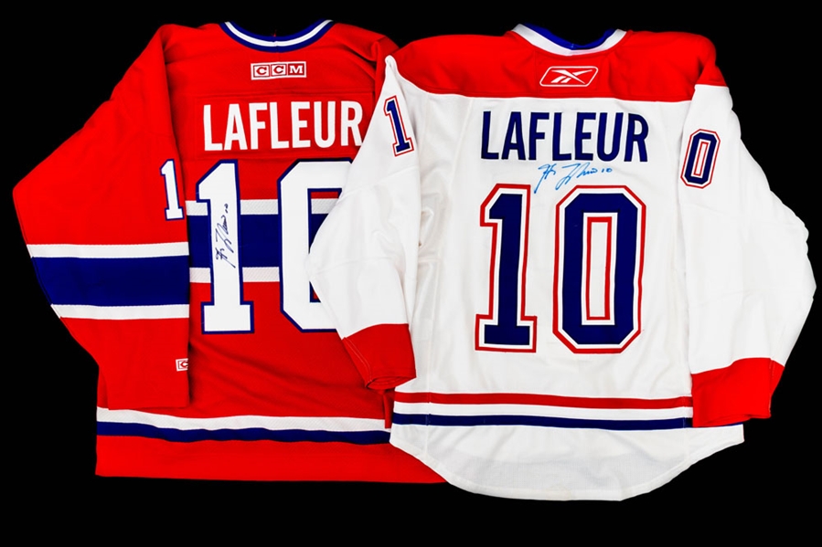 Guy Lafleurs Signed Game-Used Oldtimers Stick, Signed 2007 Oldtimers Game Goal Puck, Signed Home and Away Montreal Canadiens Jerseys & More!