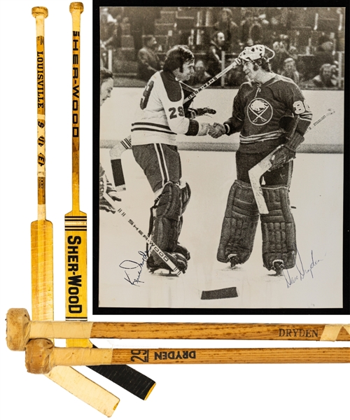 Ken Drydens 1971-72 Montreal Canadiens Sher-Wood Rookie Season Game Stick and Dave Drydens 1970s Game-Used Stick Plus Dave and Ken Dryden Dual-Signed Photo