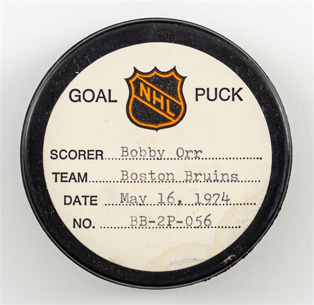 Bobby Orrs Boston Bruins May 16th 1974 Stanley Cup Finals Goal Puck from the NHL Goal Puck Program - Season PO Goal #4 of 4 / Career PO Goal #25 of 26 
