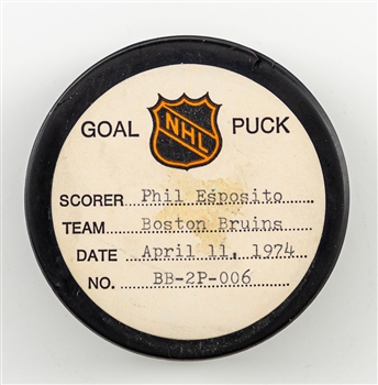 Phil Espositos Boston Bruins April 11th 1974 Playoff Goal Puck from the NHL Goal Puck Program - Season PO Goal #1 of 9 / Career PO Goal #38 of 61
