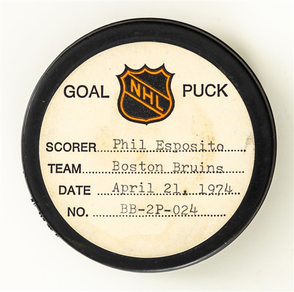 Phil Espositos Boston Bruins April 21st 1974 Playoff Goal Puck from the NHL Goal Puck Program - Season PO Goal #3 of 9 / Career PO Goal #40 of 61