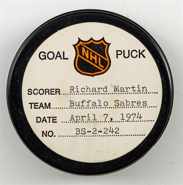 Richard Martins Buffalo Sabres April 7th 1974 Goal Puck from the NHL Goal Puck Program - Season Goal #52 of 52 / Career Goal #133 of 384 - 3rd Goal of Hat Trick - Assisted by Gilbert Perreault