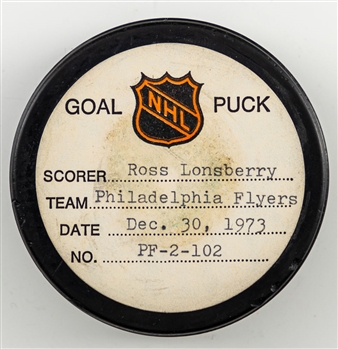 Ross Lonsberrys Philadelphia Flyers December 30th 1973 Goal Puck from the NHL Goal Puck Program - Season Goal #13 of 32 / Career Goal #97 of 256