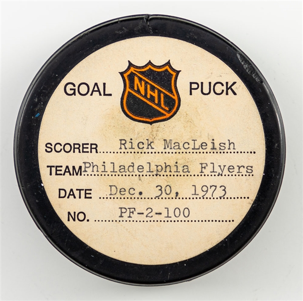 Rick MacLeish’s Philadelphia Flyers December 30th 1973 Goal Puck from the NHL Goal Puck Program - Season Goal #14 of 32 / Career Goal #67 of 349