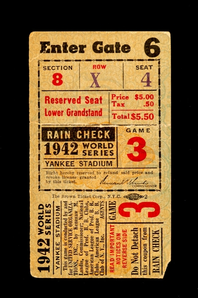 1942 World Series Game #3 Ticket Stub - St. Louis Cardinals (2) vs New York Yankees (0)