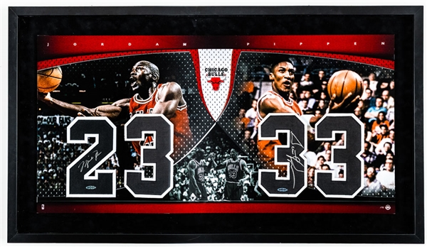 Michael Jordan and Scottie Pippen Chicago Bulls Signed Jersey Number Framed Display with UDA COAs (23 ½” x 41 ½”)