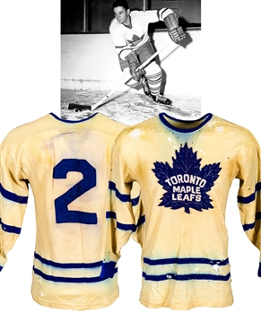 Jim Thomsons Early-1950s Toronto Maple Leafs Game-Worn Wool Jersey with LOA - Team Repairs!
