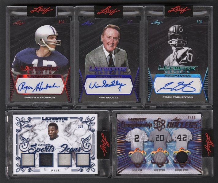 2021 Leaf Ultimate Sports Signatures #US-VS1 Vin Scully (2/7), Sports Icons #USI-20 Pele Quad Jersey (3/3), Sports Signatures #US-FT1 Fran Tarkenton (2/6) & #US-RS1 Roger Staubach (3/4) Plus Another