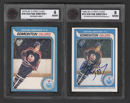 1979-80 O-Pee-Chee Hockey Card #18 HOFer Wayne Gretzky Rookie (Graded KSA 6), 1992-93 O-Pee-Chee 25th Anniversary Signed Reprint Rookie Card (Graded KSA 8) and Additional Gretzky Items/Cards