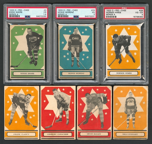 1933-34 O-Pee-Chee V304 Series "A" Hockey Complete 48-Card Set Plus 8 Extras - Set Includes Graded Cards #23 HOFer Howie Morenz (PSA 3) and #3 HOFer Eddie Shore (PSA 1.5)