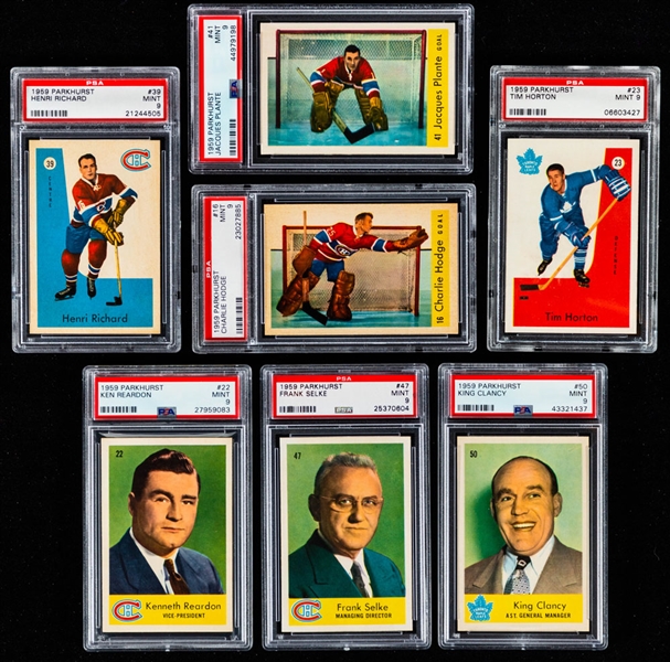 1959-60 Parkhurst Hockey PSA-Graded Complete 50-Card Set - 49 Cards Graded PSA 8 or Better Including MINT 9 Cards of #23 Horton, #39 H. Richard, #41 Plante, #47 Selke, #50 Clancy & Two Others