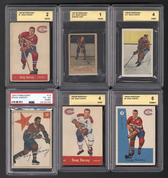 Doug Harvey 1950s/1960s Parkhurst, Topps and O-Pee-Chee Hockey Cards (9) Including 1951-52 Parkhurst #10 Rookie Card - Most Cards Graded