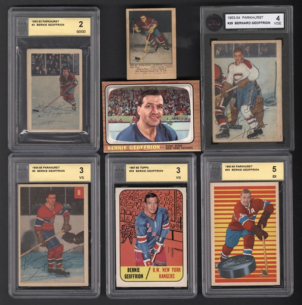 Bernard "Boom Boom" Geoffrion 1950s/1960s Parkhurst and Topps Hockey Cards (7) Including 1951-52 Parkhurst #14 Rookie Card - Most Cards Graded