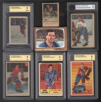 Bernard "Boom Boom" Geoffrion 1950s/1960s Parkhurst and Topps Hockey Cards (7) Including 1951-52 Parkhurst #14 Rookie Card - Most Cards Graded