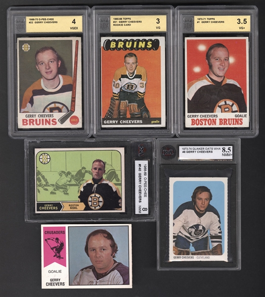 Gerry Cheevers 1960s/1970s O-Pee-Chee and Topps Hockey Cards (15) Including 1965-66 Topps #31 Rookie Card - Many Cards Graded