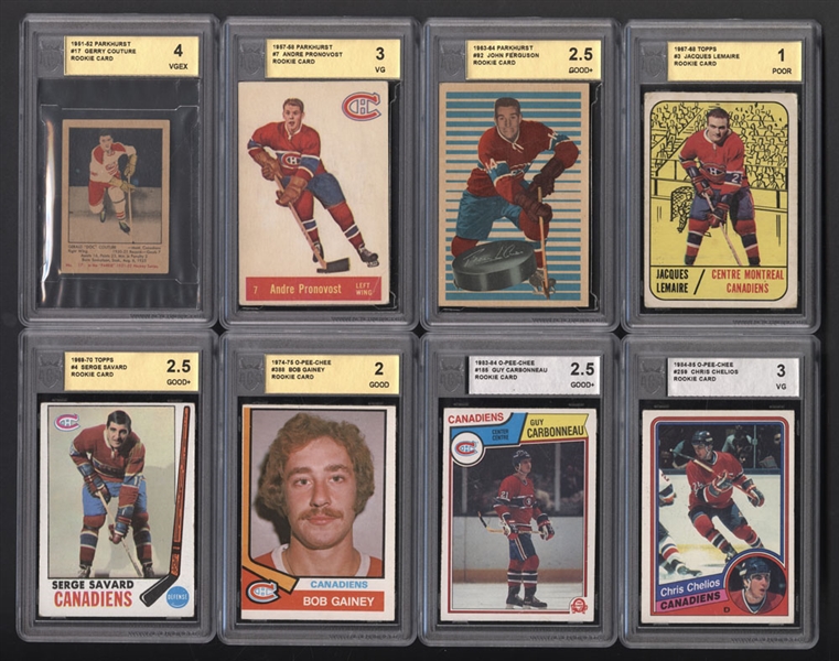 Montreal Canadiens 1950s-1980s Parkhurst, O-Pee-Chee and Topps Hockey Cards (27) Including Several Rookie Cards (Ferguson, Lemaire, Savard, Gainey, Shutt, Carbonneau, Chelios) - Most Cards Graded  