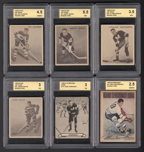 1933-34 World Wide Gum Ice Kings V357 Hockey Cards (4), 1936-37 O-Pee-Chee V304D #115 Earl Robinson and 1950s Parkhurst Hockey Cards (3)