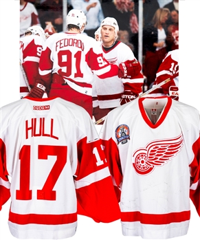 Brett Hull’s 2001-02 Detroit Red Wings Game-Worn Jersey – Photo-Matched to Western Conference Finals and Stanley Cup Finals - Team COA and MeiGray COR – Team Repairs! 