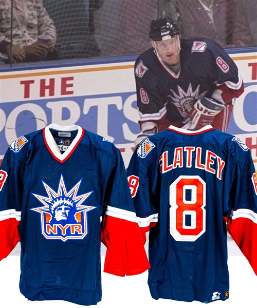 Patrick Flatleys 1996-97 New York Rangers "Lady Liberty" Game-Worn Regular Season and Playoffs Jersey with LOA - First Year of Liberty-Style Jerseys (Barry Meisel Collection)