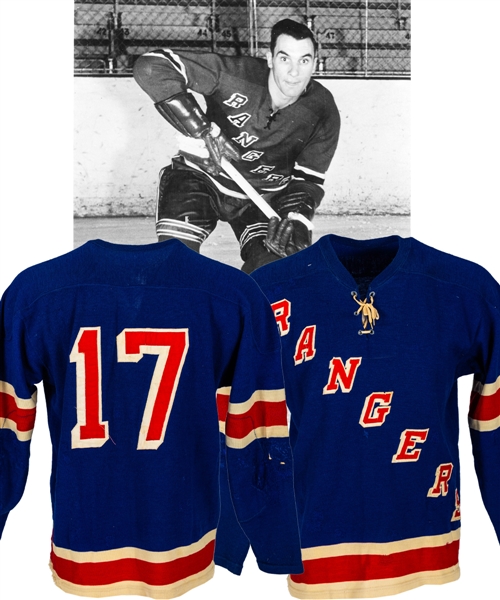 Dean Prentices Mid-1950s New York Rangers Game-Worn Wool Jersey with LOA - Team Repairs! (The Barry Meisel Collection) 